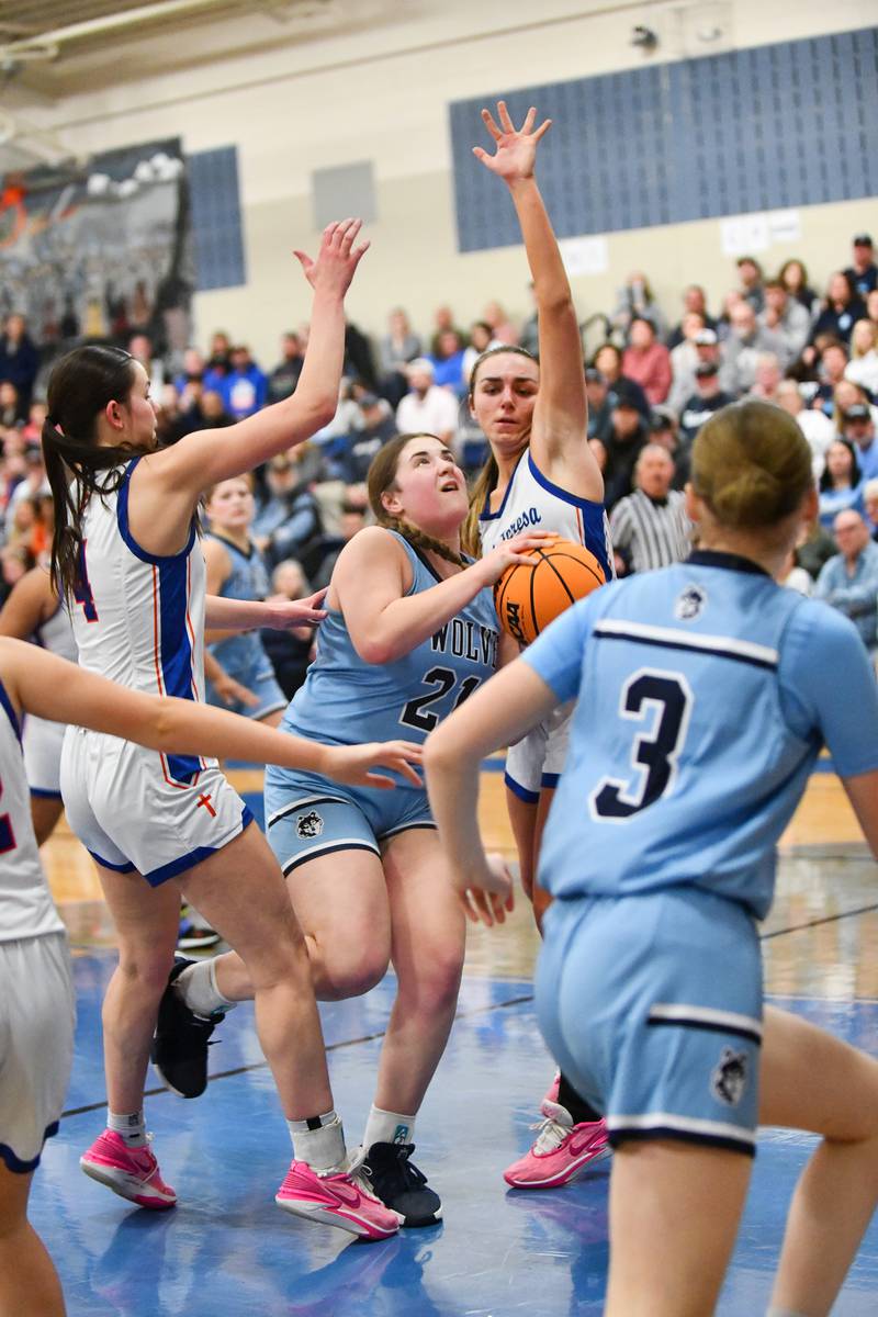 Cissna Park's Lauryn Hamrick looks to shoot under pressure during the Timberwolves' 47-35 victory over St. Teresa in the IHSA Class 1A Blue Ridge Super-Sectional on Monday, March 3.