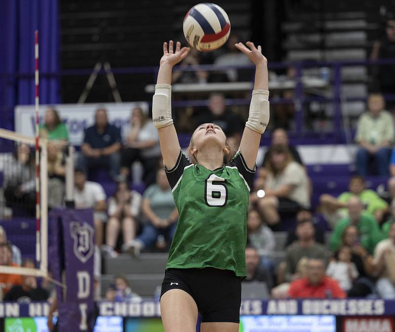 Rock Falls’ Miley Bickett sets the ball against Dixon Thursday, Sept. 18, 2025.