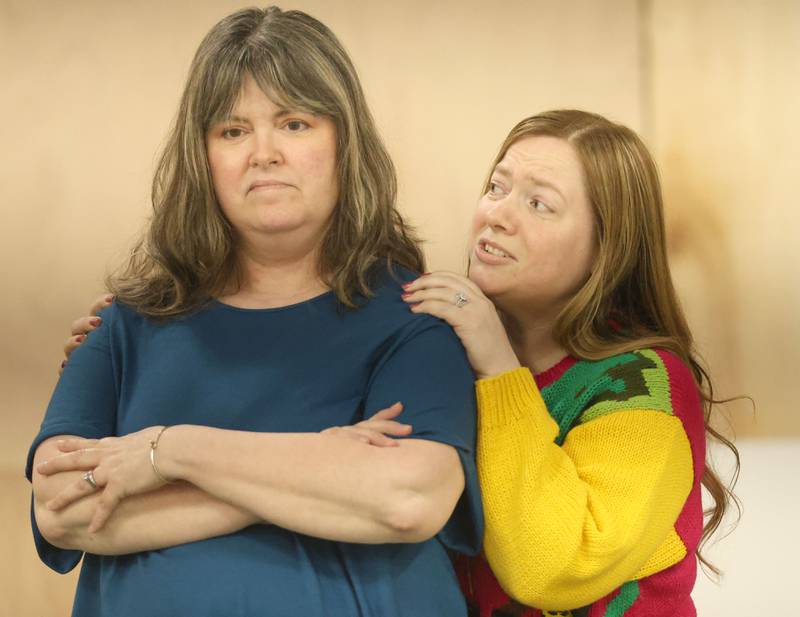 M’Lynn played by Kelli Landon, and Shelby played by Deanne Crook, act out a scene during a rehearsal of Steel Magnolias on Tuesday, April 21, 2026 at St John XXIII Community Center in Henry. The River Valley Players will perform Steel Magnolias April 30 – May 3. Steel Magnolias is a perfect mix of humor and heart, following six women as they navigate life, love, and loss together.