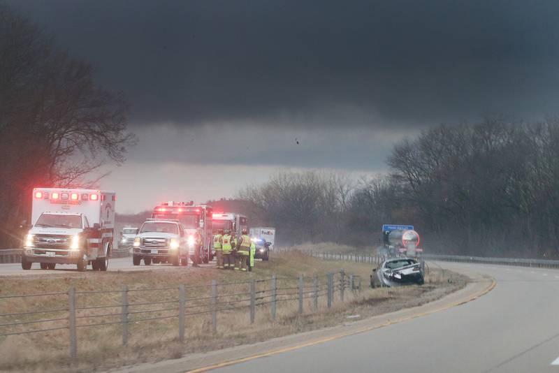 La Salle and Peru first responders responded to a crash in the median on Interstate 80 as storms approach from the west on Friday, March 31, 2023 in La Salle.