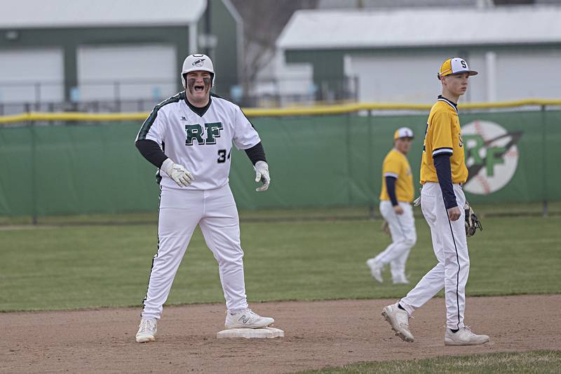Rock Falls’ Hunter Gale celebrates his RBI double against Sterling Friday, March 29, 2024 at Rock Falls High School.