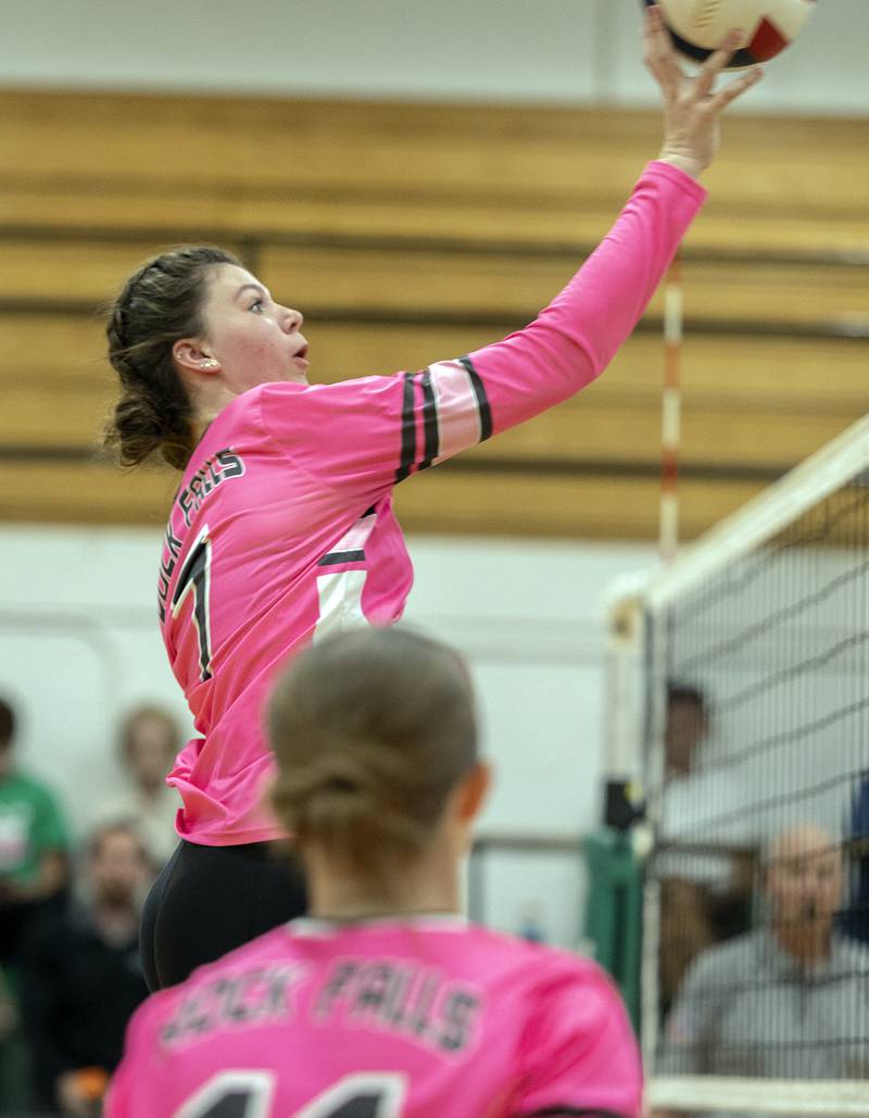 Rock Falls’ Addison Miller plays the ball over the net against Stillman Valley Tuesday, October 8, 2024 at Rock Falls High School.