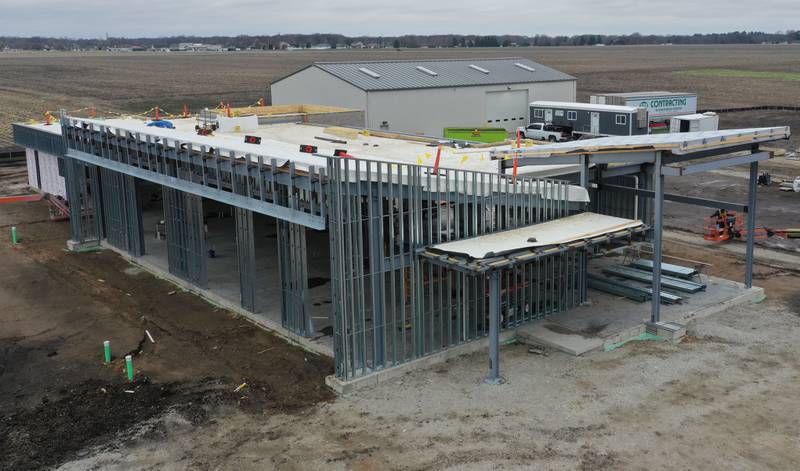 An aerial view of the Dr. Alfred E. Wisgoski Agricultural Education Center on Wednesday, April 1, 2026, at Illinois Valley Community College in Oglesby. Crews have begun construction on the exterior walls. The new facility is expected to redefine IVCC’s agriculture program, equipping the college to train and upskill agricultural workers, support the development of new technologies and promote sustainable practices.
Approximately $1.6 million has been pledged toward the agricultural center, and IVCC plans to launch a community donation program later this spring. The 10,250-square-foot building is slated for occupancy in 2027.
The project is supported by a $3.5 million grant from the U.S. Department of Economic Development Administration, a $240,000 grant from the Illinois Department of Commerce and Economic Opportunity and a $1 million gift from the Wisgoski family.