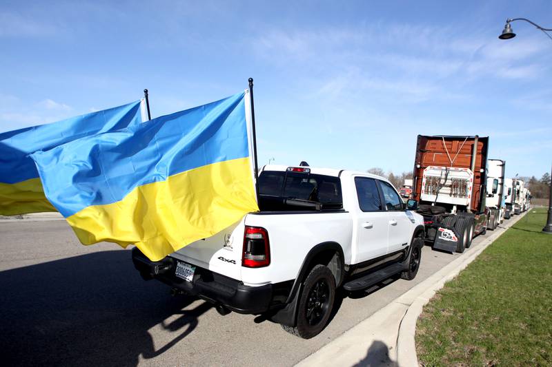 Drivers gather Saturday morning in East Dundee to begin the Deblockade Mariupol truck protest rally hosted by Help Ukraine Foundation LTD to bring attention to the blockade of Mariupol.