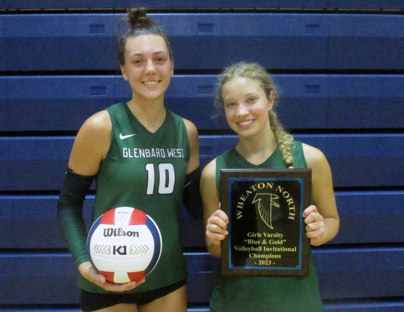 Glenbard West seniors Marin Johnson (left) and Avery Herbert led the Hilltoppers to the championship of Wheaton North's Blue and Gold Invite this past Saturday.