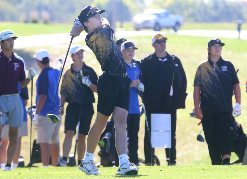 Putnam County's AJ Furar tees off on the first hole during the Class 1A golf meet on Wednesday, Oct. 2, 2024 at Spring Creek Golf Course in Spring Valley.