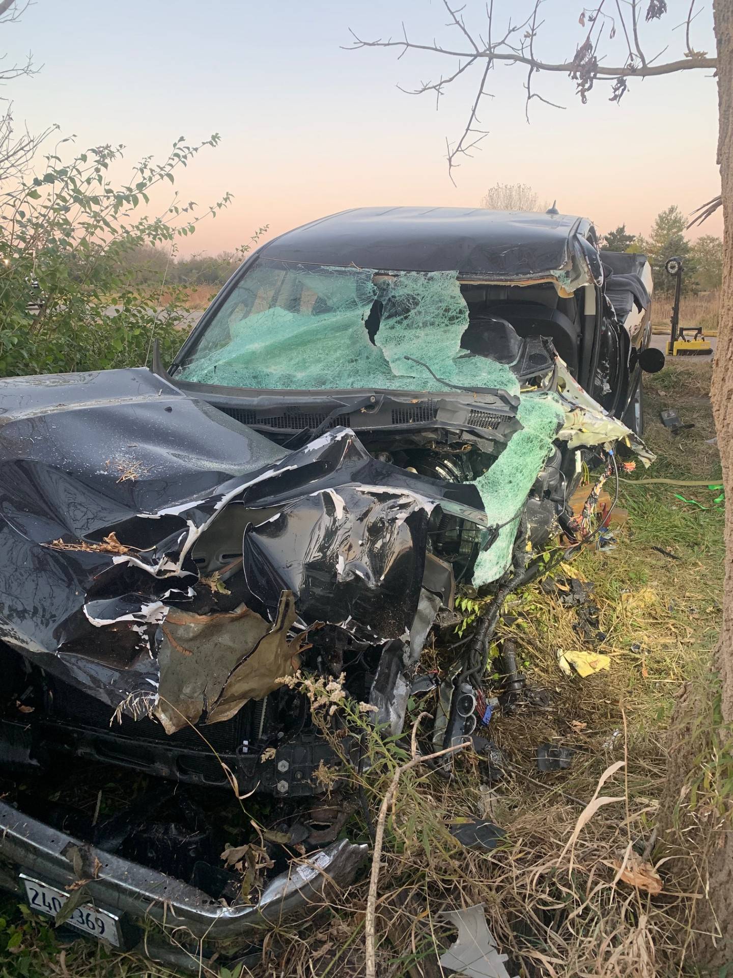 Steve Cascio's Dodge Ram pickup after firefighters spent 35 minutes extricating him following a crash on Sunday, Oct. 20, 2025.