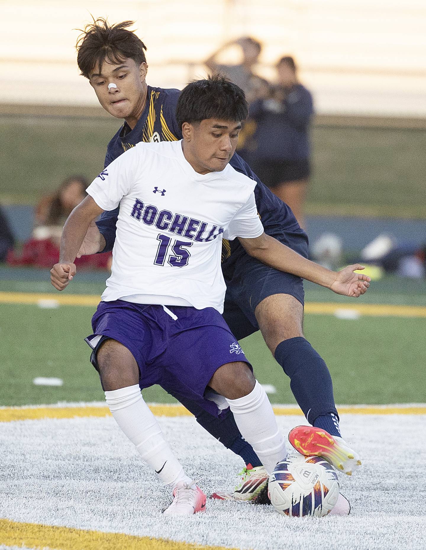 Sterling’s Kevin Ruiz works against Rochelle’s Heilly Zepeda Thursday, Sept. 4, 2025.