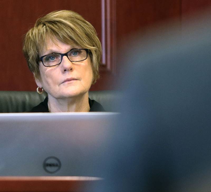 DeKalb County Chief Judge Robbin Stuckert listens to opening statements Monday, April 16 at the DeKalb County Courthouse in Sycamore, during the start of the Michael Kulpin murder trial.
Mark Busch - mbusch@shawmedia.com