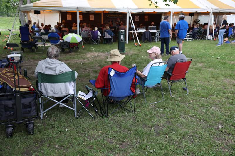 A group sits under a tree to listen to music at the main stage at the Gebhard Woods Dulcimer & Traditional Music Festival on Saturday June 8, 2024 in Morris.