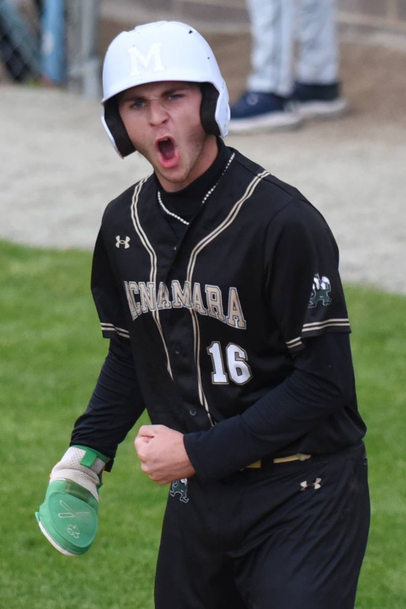 Bishop McNamara's Braylon Ricketts screams towards the Fightin' Irish dugout after scoring a run during a home game against Hope Academy Thursday, April 30, 2026.
