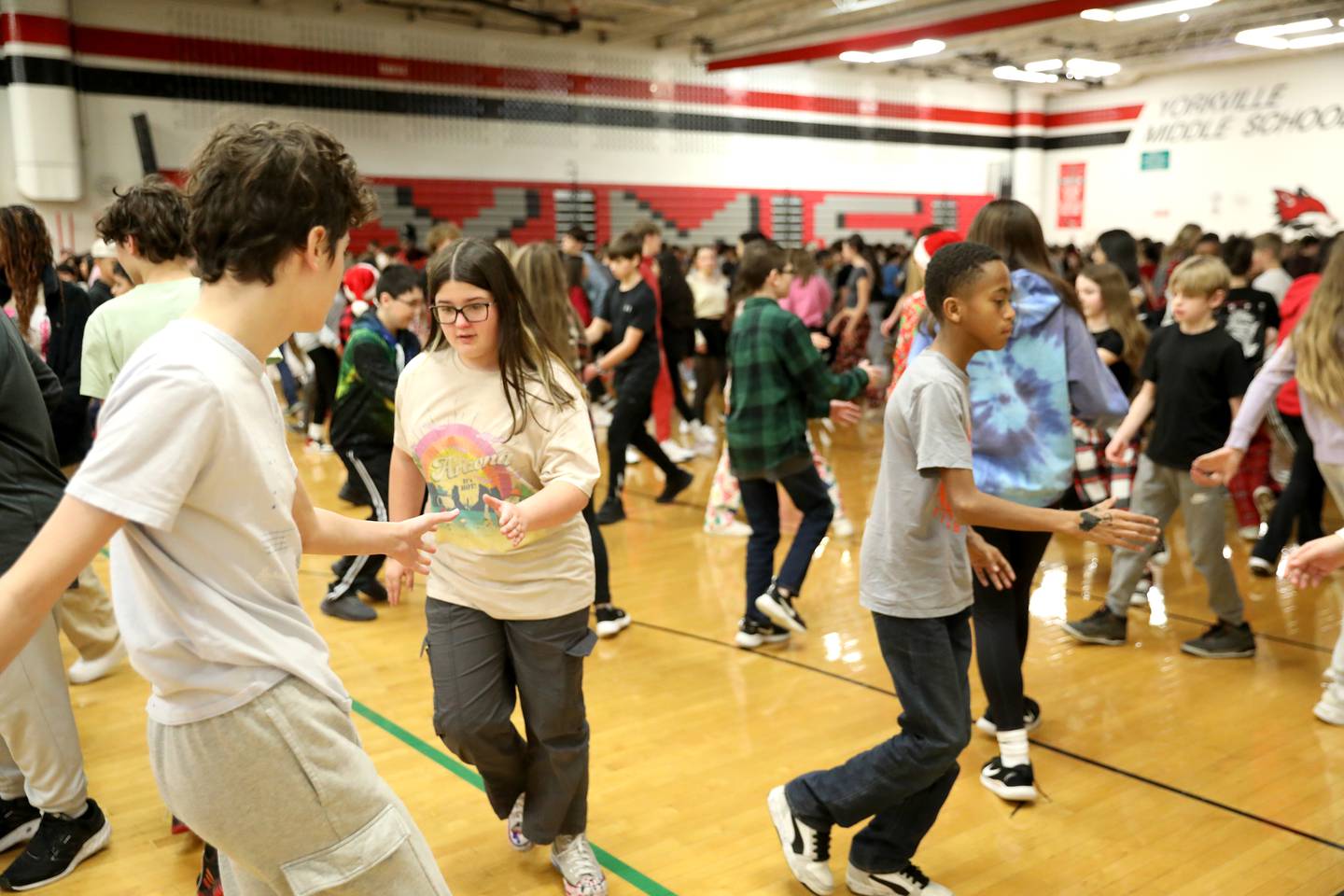 Yorkville Middle School students participate in the school’s physical education department’s  50th annual Square Dance Jubilee on Friday, Dec. 20, 2024 in Yorkville.