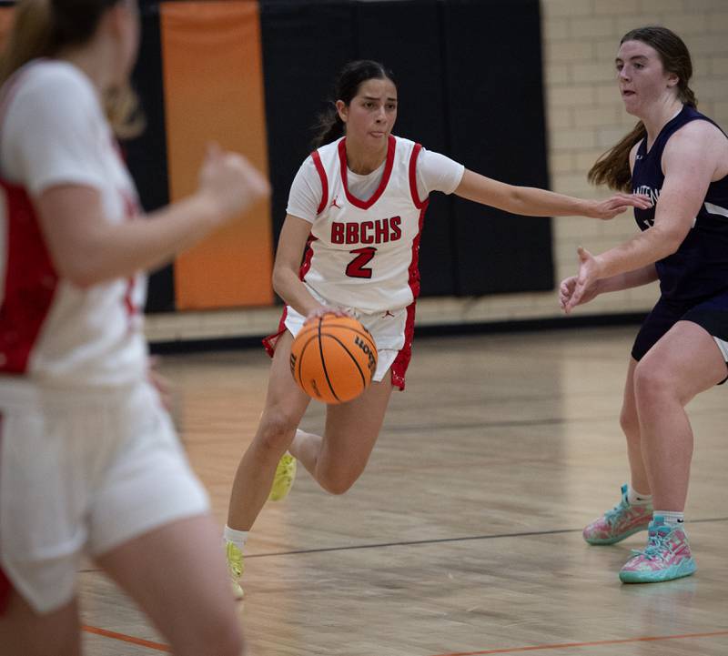 Bradley-Bourbonnais's Abby Bonilla controls the ball as Manteno's Emily Horath, right, guards in the Beecher Fall Classic on Tuesday, November 18, 2025.