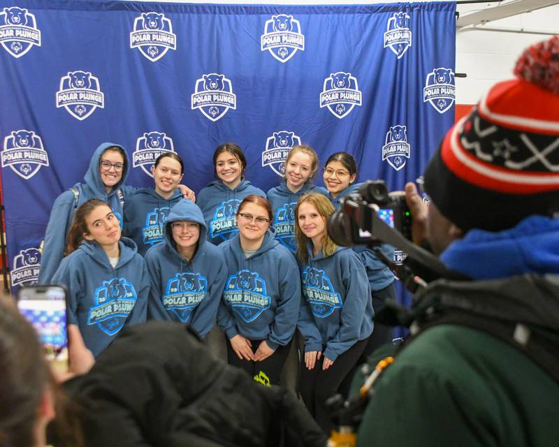 Delta Gamma Sorority poses for a photo after the Polar Plunge event on Saturday Feb. 21, 2026, held at Huskie Stadium in DeKalb.