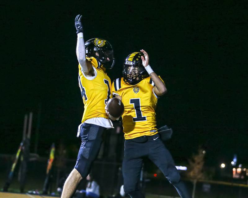 Joliet West's Antoine Brooks (1) celebrates a touchdown during a football game between Plainfield Central at Joliet West on Friday, Oct 25th, 2024  in Joliet.