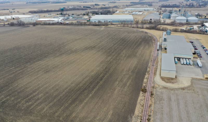 An aerial view of a proposed solar farm location looking southeast along North 4350th Road and Hume Drive on Tuesday, Feb. 24, 2025 in Mendota. The City of Mendota could soon host a community solar project on a 30-35-acre parcel on the city’s northeast side. The parcel is located on the northeast side of town between the railroad tracks and N 4350th Rd.