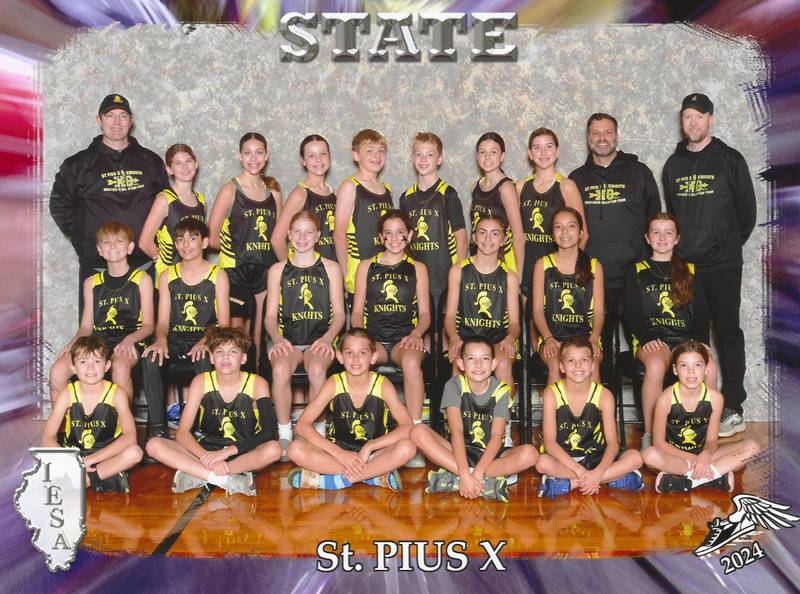 The St. Pius X Parish School Cross Country team competed in the 2024 IESA State Final on Saturday, Oct. 19, at Maxwell Park in Normal
Pictured: ( top L to R) Coach Jon Y, Abby Y, Emily D, Emma P, Kyle C, Ben C, Jessica T, Fiona F, Coach Matt F, Coach Matt C (middle L to R): Rylan B, Mario K, Samantha C, Natalia P, Kate B, Sofia D, Colleen L (bottom L to R) Michael R, Matthew F, Mario P, Tiago T, Kellen F, Clare R
Not pictured: Coach John B