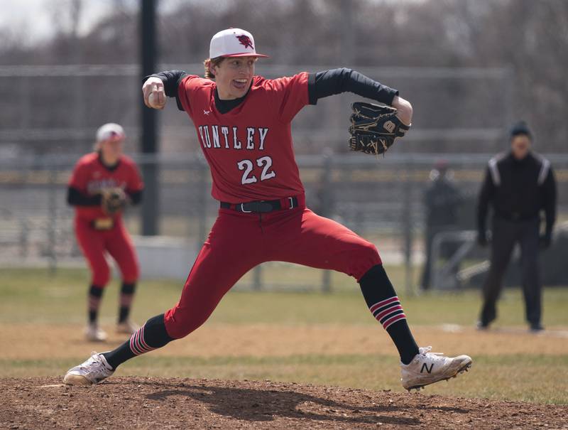 Huntley's Adam Guazzo pitches during the game against McHenry on Saturday, April 9, 2022 at Petersen Park in McHenry. Huntley won 7-5. Ryan Rayburn for Shaw Local