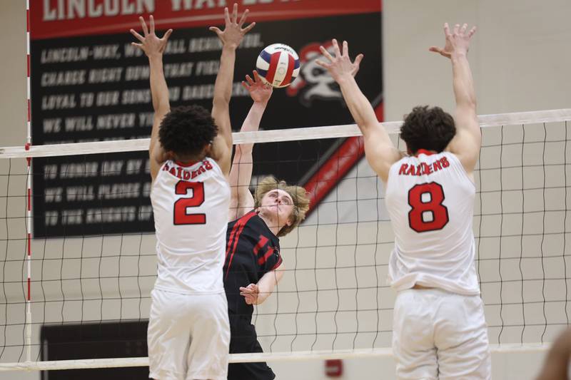 Lincoln-Way Central’s Owen Rives hits a shot against Bolingbrook on Tuesday May 7, 2024 in New Lenox.