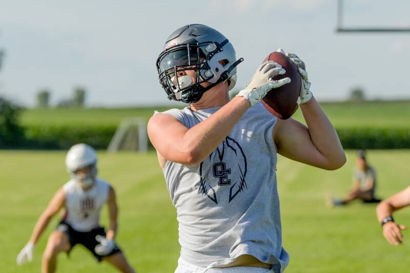 Oswego East’s Aiden Moriarty during 7 on 7 football at Kaneland High School Maple Park on Tuesday, July 18, 2023.