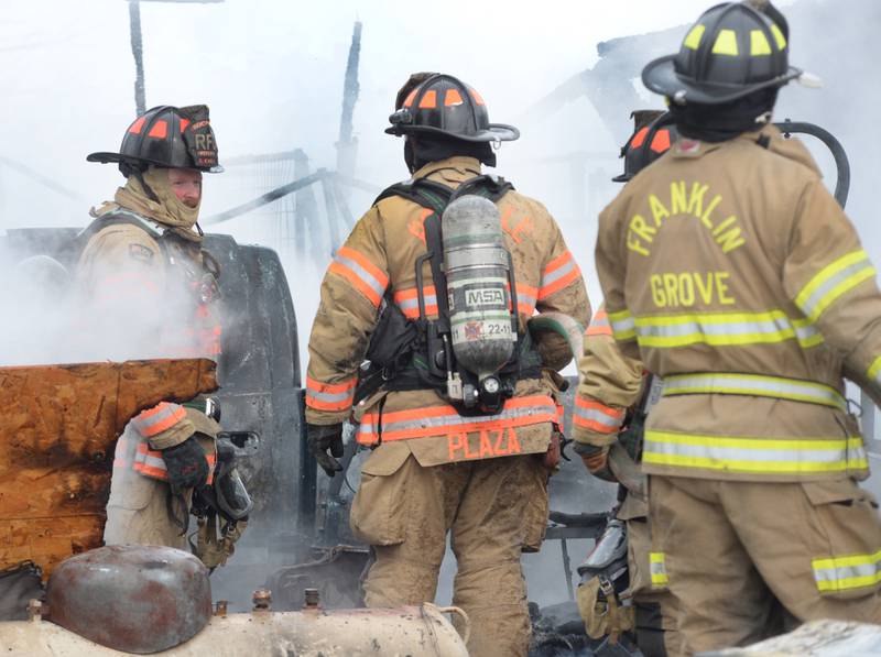 Firefighters from Ashton and Franklin Grove responded to a garage fire at 7483 E. Husking Peg Road on Friday, Feb. 14, 2025. Firefighters from several area departments responded to the rural fire.