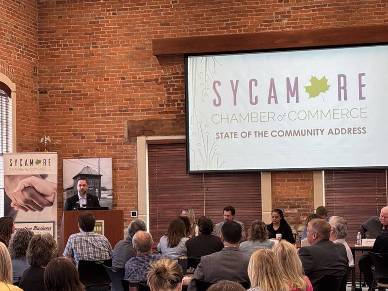 City leaders from Sycamore’s schools, business community and city government gather on Wednesday, May 6, 2025, at the Sycamore Community Foundation building to provide dozens of area residents with updates on goals for the city and ongoing initiatives.