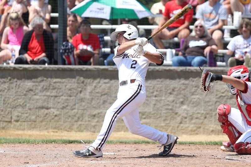 Joliet Catholic’s Tommy Kemp connects for a single against Spring Valley Hall in the Class 2A Geneseo Supersectional on Monday, May 29, 2023 in Geneseo.