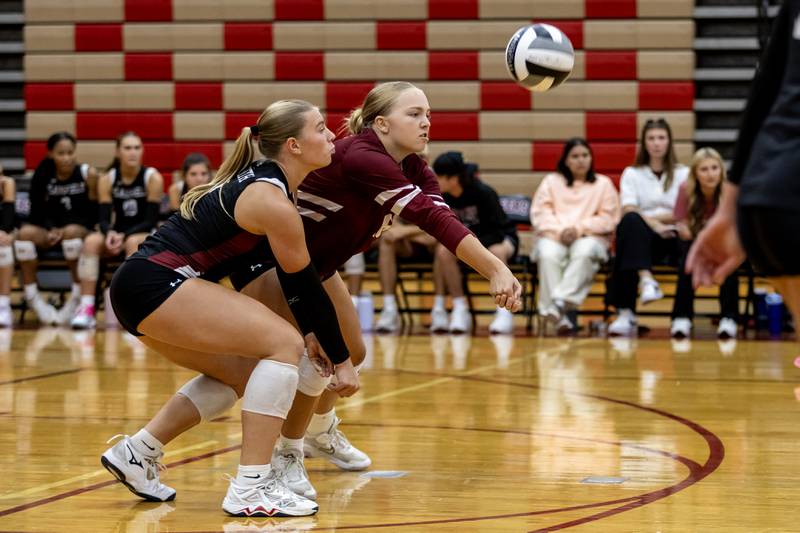 Plainfield North's Rylee Richards makes a defensive save against Morris during a varsity volleyball home game on Sept. 2, 2025.