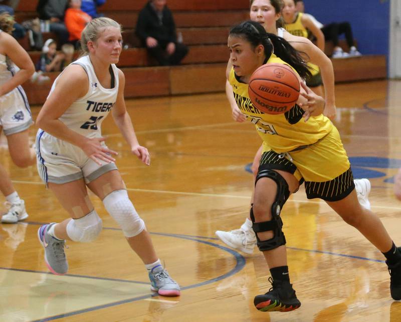 Putnam County's Esmeralda Avila dribbles in the lane as she is guarded by Princeton's Reese Reviglio during the Princeton High School Lady Tigers Holiday Tournament on Thursday, Nov. 16, 2023 at Prouty Gym.