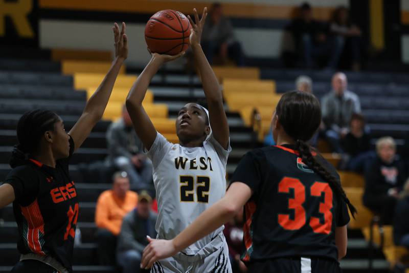 Joliet West’s Makayla Chism puts up a shot against Plainfield East on Thursday, February 2nd.