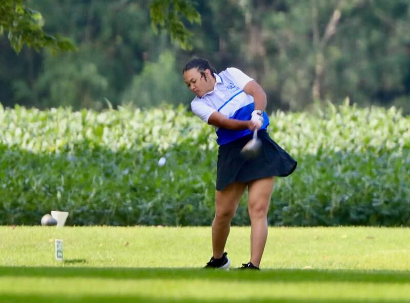 Princeton's Emma Kruse-Carter tees off during Thursday's meet at Wyaton Hills.