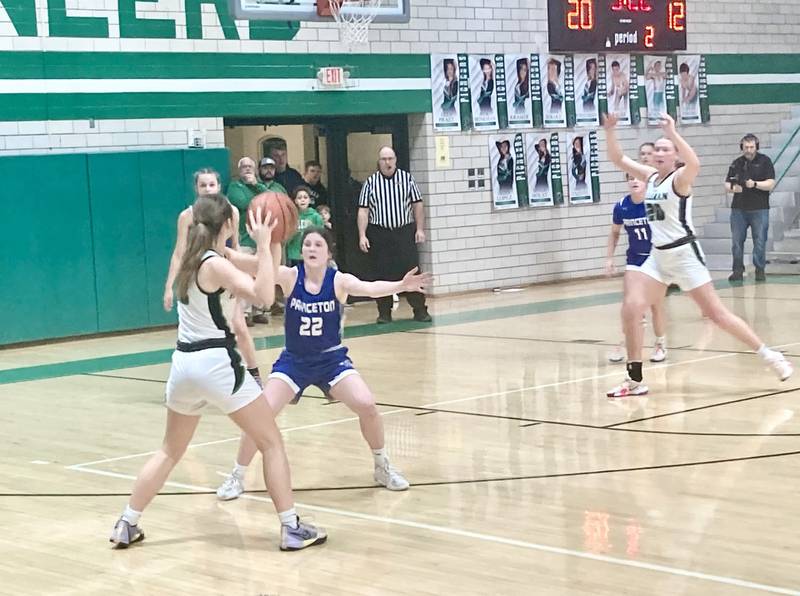 Princeton sophomore Camryn Driscoll goes on defense in the first half of Thursday' Class 2A regional finals at Rock Island Alleman.