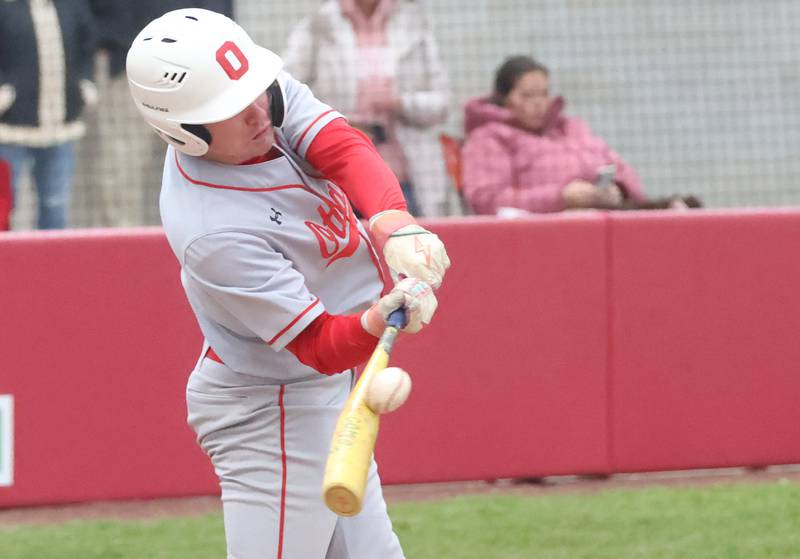 Ottawa's Jackson Lucas makes contact with the ball on Thursday, April 30, 2026 at Huby Sarver Field in the L-P Athletic Complex in La Salle.