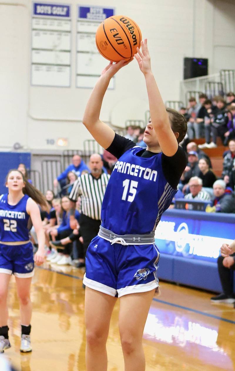 Princeton senior Olivia Mattingly takes aim against Alleman in Thursday's regional championship game at Prouty Gym. The Pioneers won 40-27.