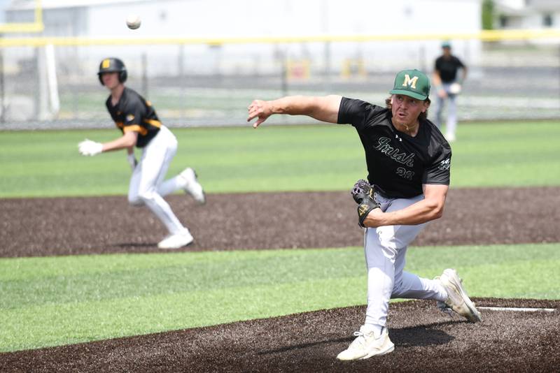 Bishop McNamara's Dom Panozzo throws the final pitch of the Class 2A Herscher Regional championship against Herscher Saturday, May 24, 2025.