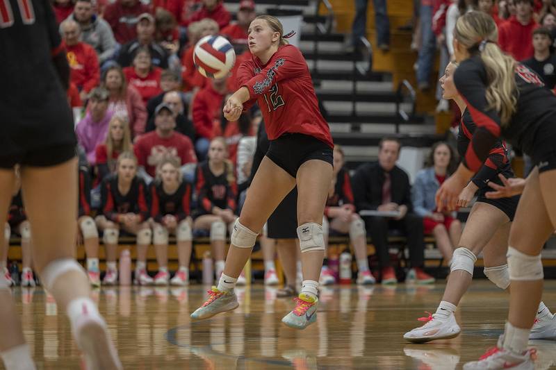 Erie-Prophetstown’s Peyton Umstead makes a pass against El Paso-Gridley Thursday, Nov. 7, 2024, during the class 2A volleyball sectional championship at Bureau Valley High School.