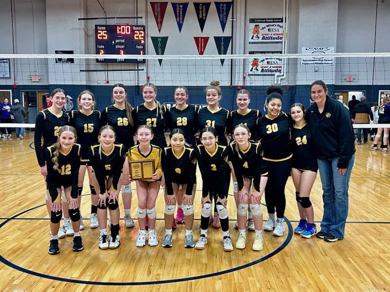 Putnam County Junior High's eighth-grade volleyball team captured the Little Tri-County Conference Tournament championship on Thursday, Feb. 27 by defeating El Paso-Gridley in three sets. Earlier in the evening defeated Fieldcrest to advance to the championship round. Team members are Jaylynn Dickey, Joselyn Lopez, Emmy Carboni, Natalie Gaudiana, Lillian Bouxsein, Anna Poignant, Kenzie Pierski, Mcklay Gensini, Tula Rue, Hannah Heiberger, Kami Nauman, Laci Lemke and coach Shannon Jenkins.