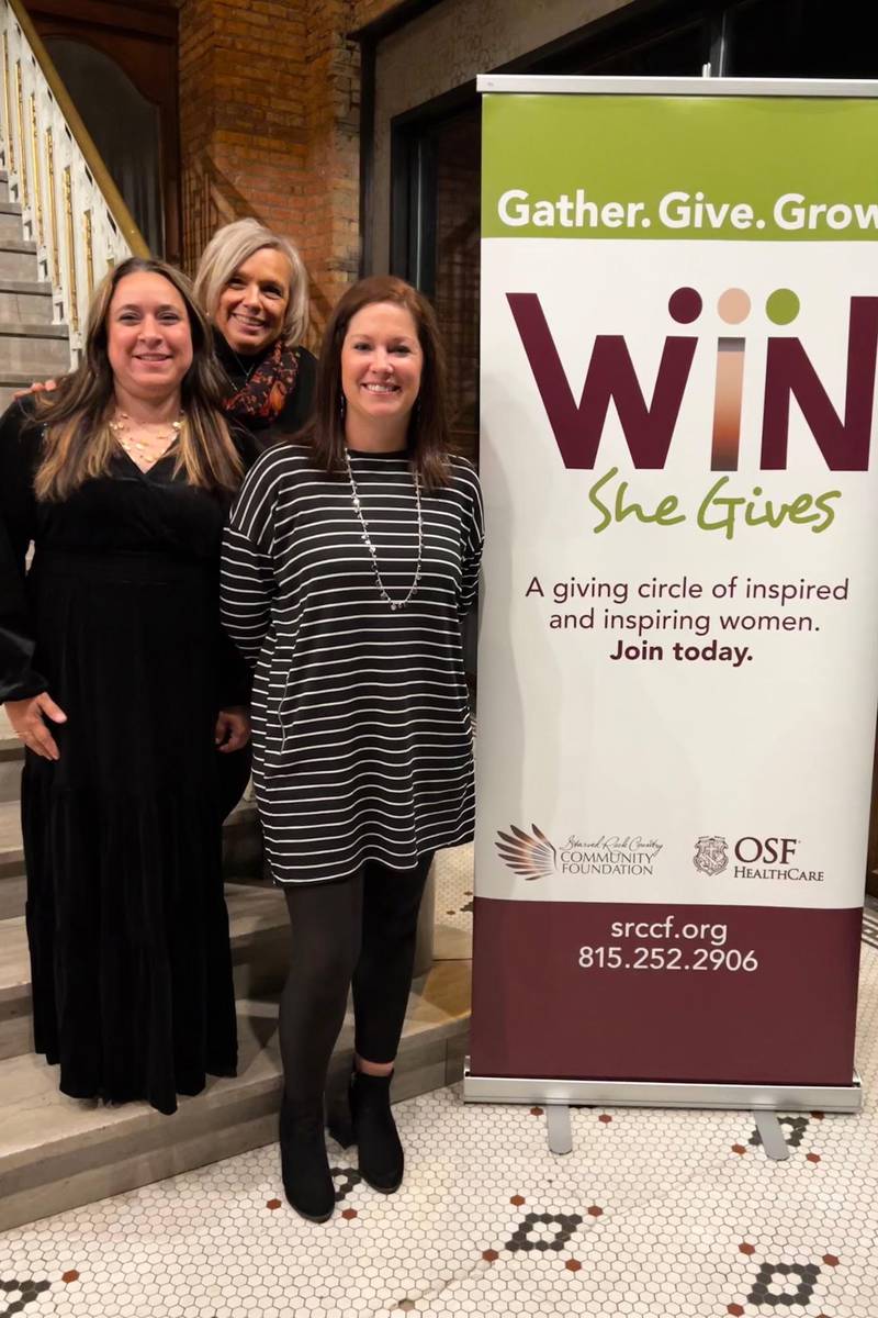 2022 Women Inspired Network (WIN) grant winners were the Spring Valley Youth Center, $4,000, represented by co-founder Danielle Wildhart, left, WIN grants chairperson Debbie Buffington, center, and the Aden Lamps Foundation of La Salle, $10,000, represented by founder Ashley Lamps, right.