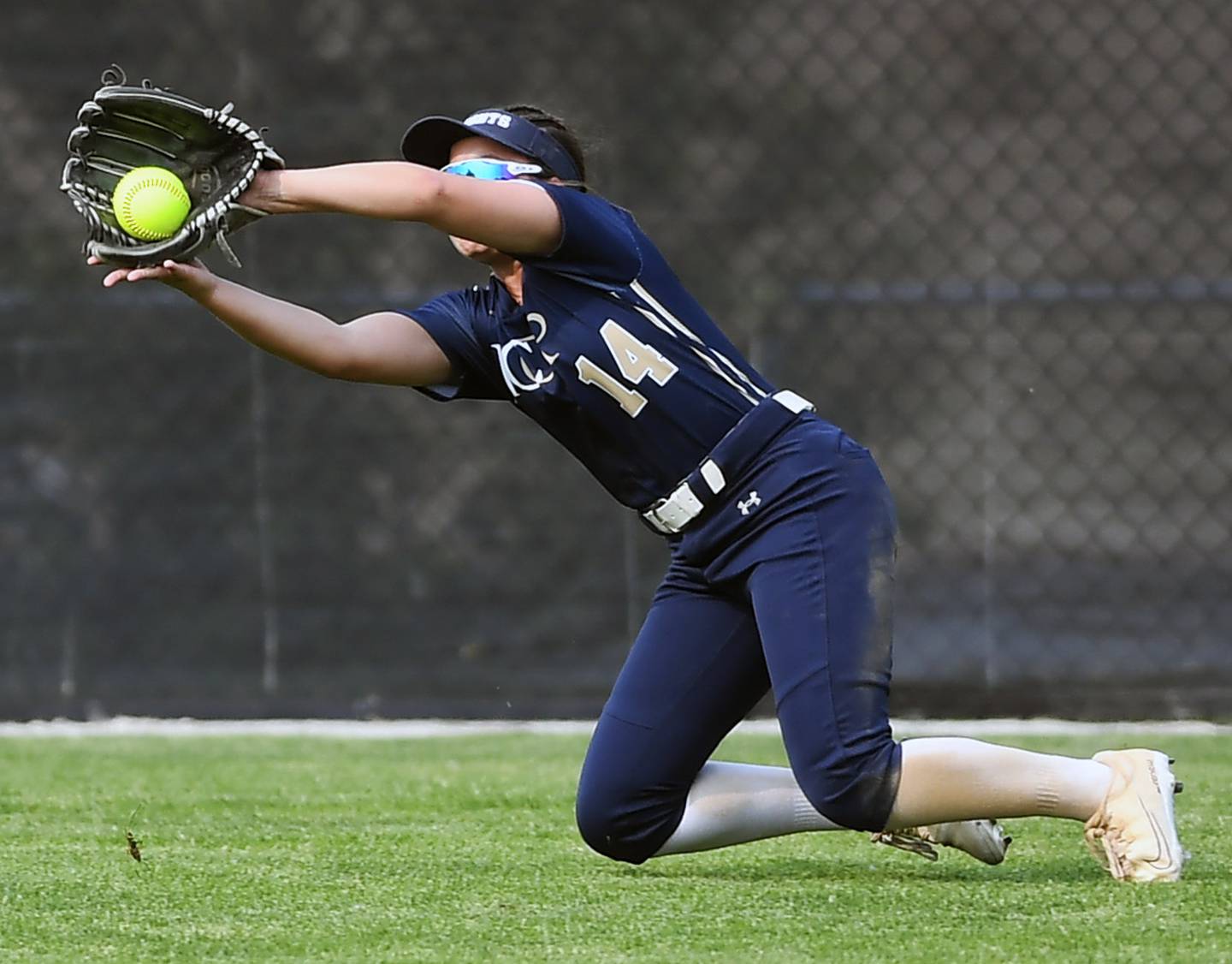 IC Catholic Prep center fielder Sofia Bucaro makes a diving catch during the first inning of the Class 2A Benedictine University softball supersectional against Noth Boone on Monday, June 2, 2025 in Lisle.