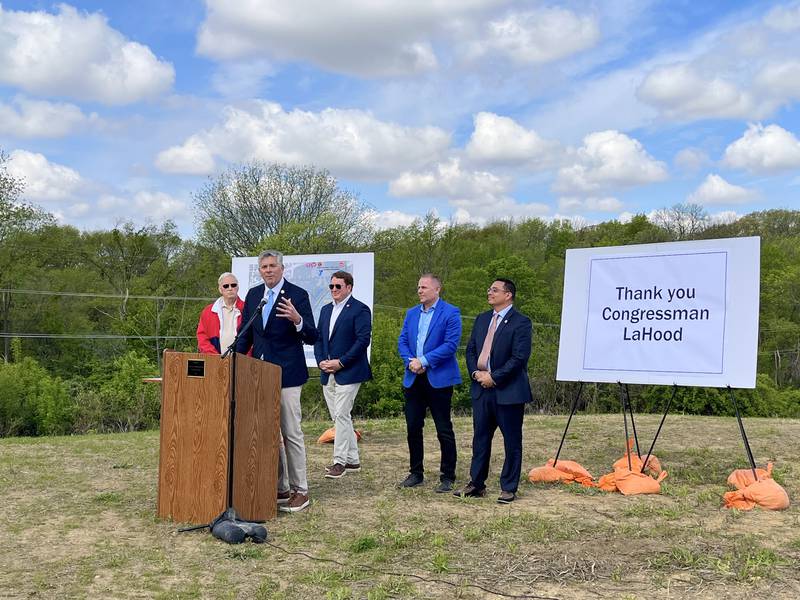 U.S. Rep. Darin LaHood, R-Peoria, speaks Friday, May 8, 2026, about the Dixon project for the creation of retention ponds to the west of Dixon’s major economic development near Interstate 88.