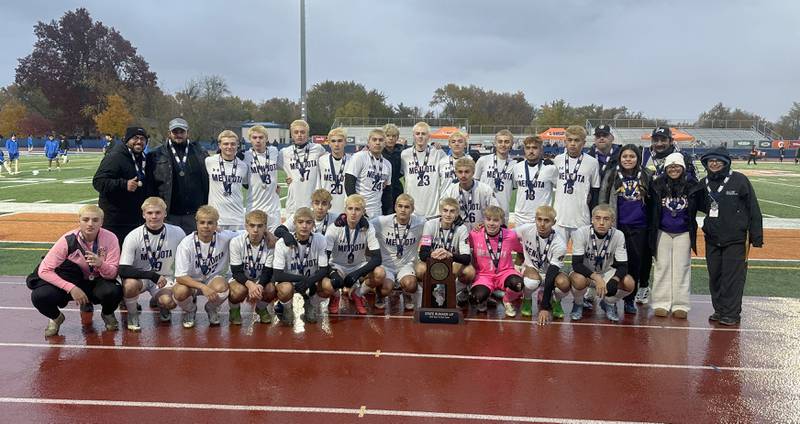 Members of the Mendota boys soccer team pose with the Class 1A State runner-up trophy on Saturday, Nov. 8, 2025 at Hoffman Estates High School.