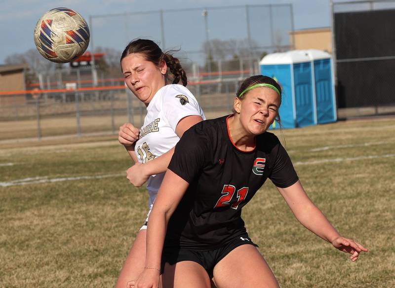 Sycamore's Charlotte Yates (left) and Plainfield East's Corinne Bullock go after a throw in during their game Tuesday, March 25, 2025, in the Barb Fest tournament at DeKalb High School.