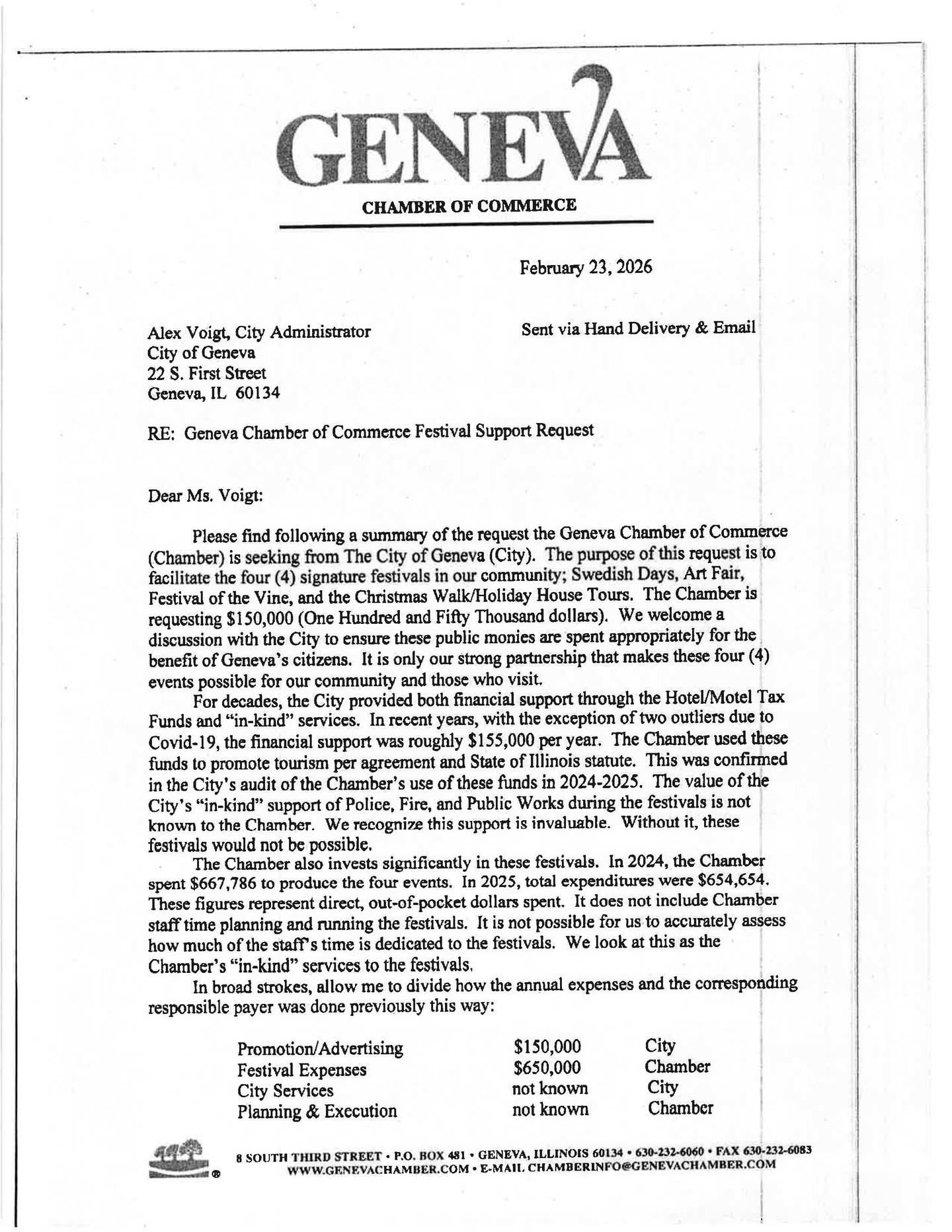 A letter from Geneva Chamber of Commerce Board President Michael Olesen to city officials asks for $150,000 in funding for its 2026 festival season.