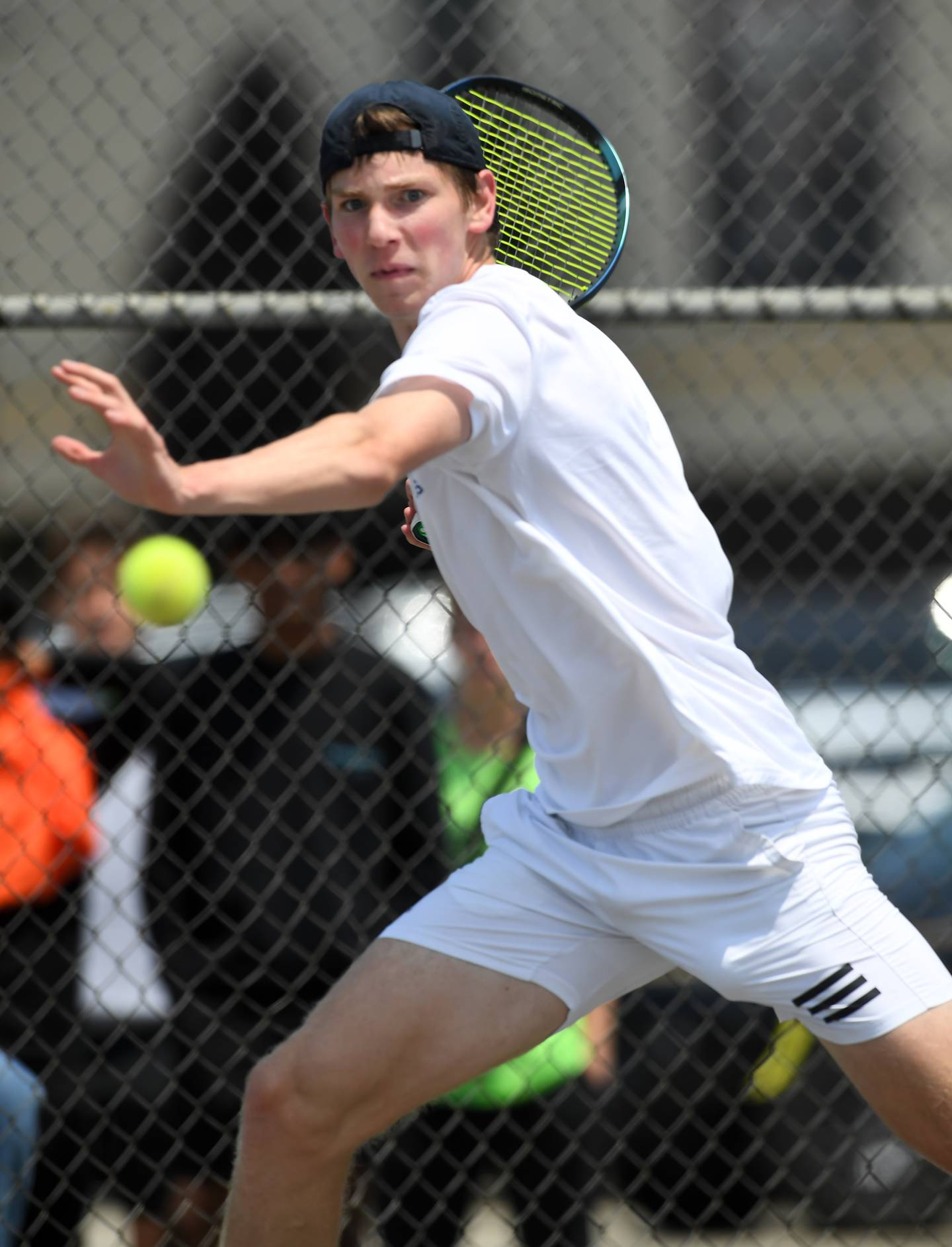 Marmion Academy’s Benedict Graft chases down the ball during the Class 1A singles championship match during the boys state tennis tournament on Saturday, May 31, 2025 in Palatine.