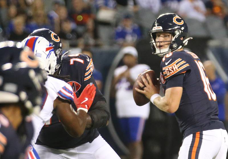 Chicago Bears quarterback Austin Reed, looks to throw a pass against the Buffalo Bills on Sunday, Aug. 17, 2025 at Soldier Field in Chicago.
