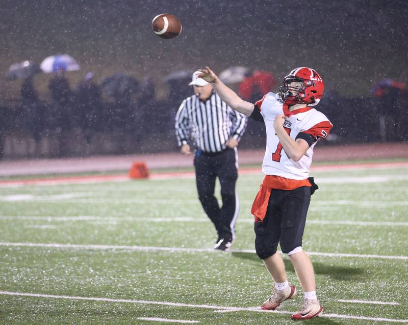 Amboy/LaMoille/Ohio quarterback Tanner Welch, throws a pass during the 8-man I8FA championship game on Friday, Nov. 21, 2025 at April Zorn Memorial Stadium in Monmouth.