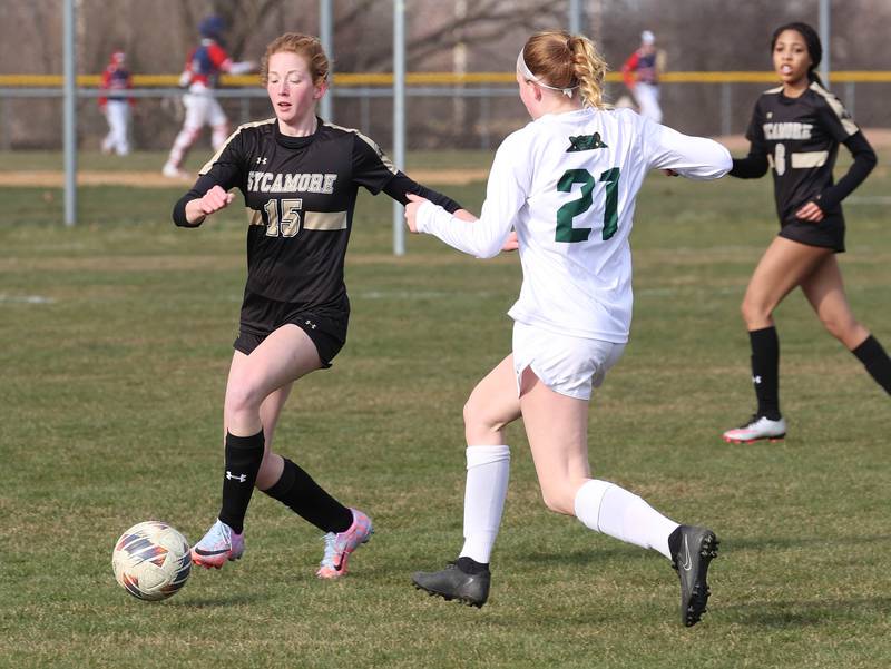 Sycamore's Jordyn Tilstra looks to get by Crystal Lake South's Addison Hall during their game Thursday, March 21, 2024, at Sycamore High School.