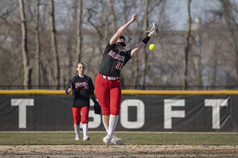 Forreston’s Bailey Sterling is unable to snag a pop-up against Rock Falls Thursday, March 28, 2024 at Rock Falls High School.