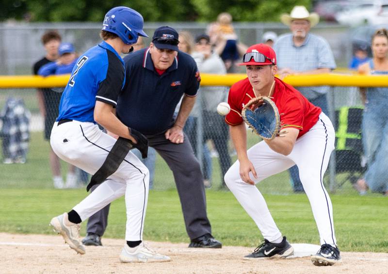 Batavia first baseman Liam Darre catches the ball during a failed pickoff attempt at the Class 4A Regional semifinal against St. Charles North at Batavia High School in Batavia on Thursday, May 29, 2025.