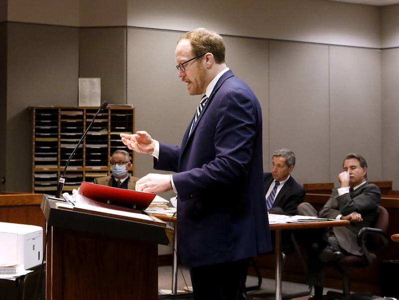 McHenry County State's Attorney Patrick Kenneally makes an argument during court proceedings Friday, March 11, 2022, during the second day of Michael M. Penkava and Colin B. Scott’s trial before Judge Mark Gerhardt at the McHenry County Michael J. Sullivan Judicial Center in Woodstock. Penkava and Scott are both elders in a Crystal Lake Jehovah's Witnesses congregation and are charged with misdemeanor failure to report the sexual abuse of a child.